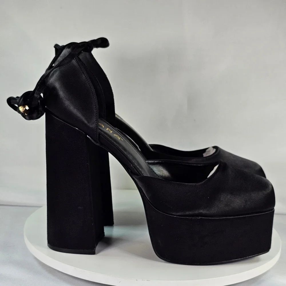 Liliana Black Satin Platform Pumps Square Toe Ankle Tie‎ Block Heel 10 00469310